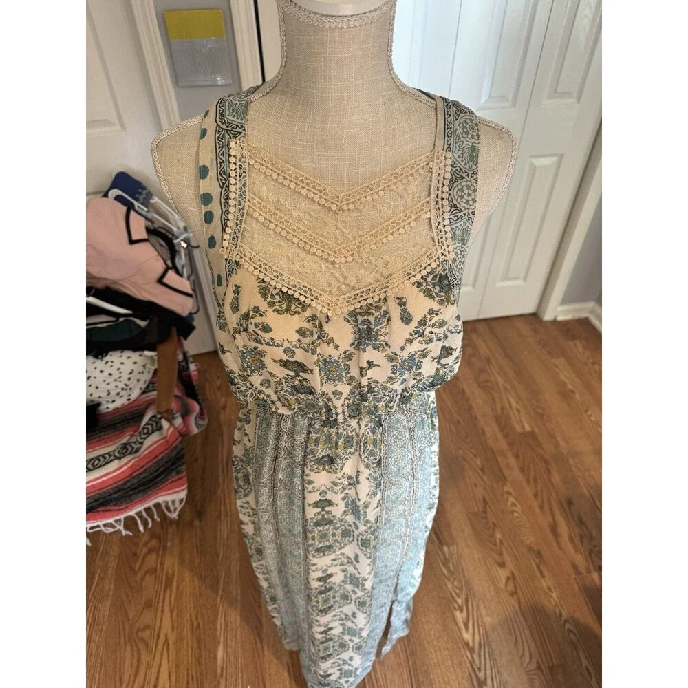 Free People  Green Teal Ivory Moroccan Printed Maxi Dress  Size 4 Cottage Core